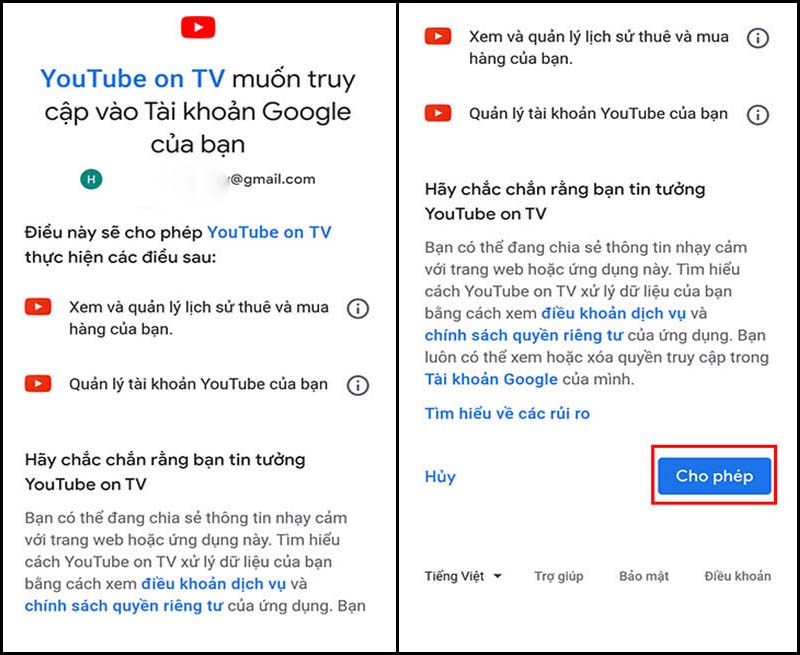 Cho phép truy cập tài khoản Google